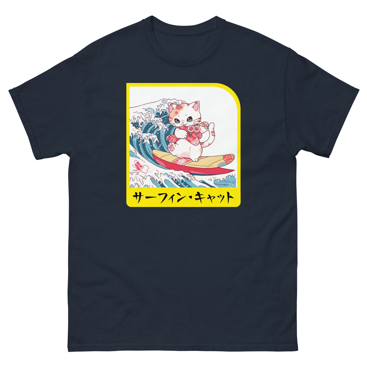 Hang Ten Kitty - Surfing Cat in Japanese Short-Sleeve Unisex T-Shirt